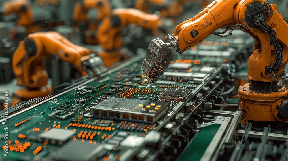 Poster robots assembling circuit boards in high-tech facility