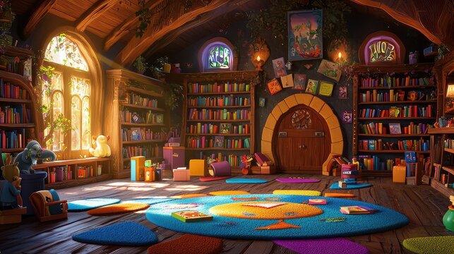 A whimsical children's library with vibrant colors, cozy corners, and inviting spaces for reading and imagination.