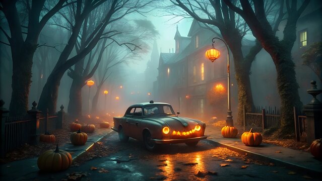 a car on the road in city halloween