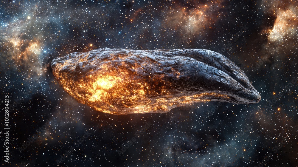 Poster an abstract representation of a cosmic object gliding through the vastness of space, illuminated by 