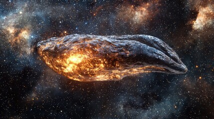 Obraz premium An abstract representation of a cosmic object gliding through the vastness of space, illuminated by fiery galaxies.