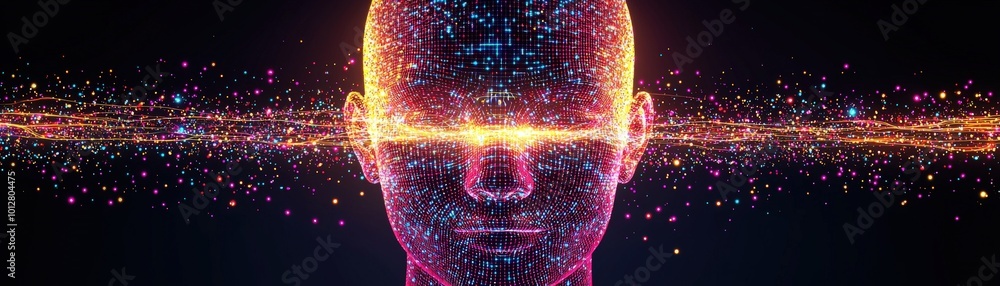 Poster vibrant isometric 3d head with abstract data visualization