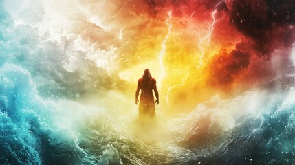 Fototapeta premium An ethereal figure emerges from turbulent waters, surrounded by vibrant colors and dramatic lightning, evoking a surreal atmosphere.