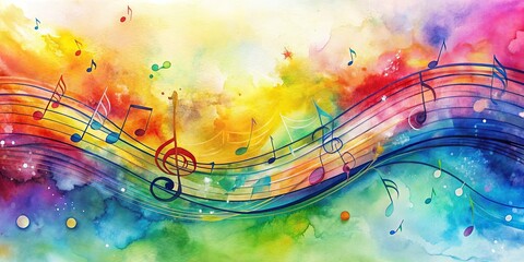 Abstract Watercolor Composition of Colorful Music Notes Flowing Through a Vibrant Sky