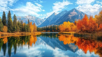 Obraz premium Breathtaking autumn landscape with vibrant trees reflecting in a serene lake, framed by majestic mountains and a clear blue sky.