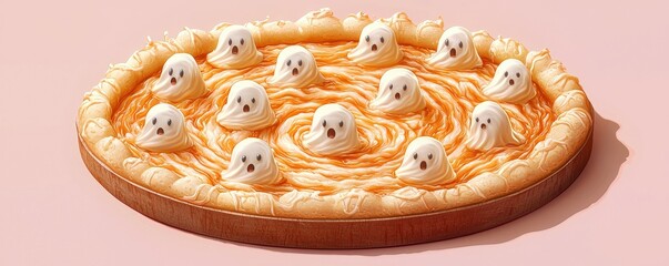 3D Isometric Halloween Pizza with Ghosts Illustrations