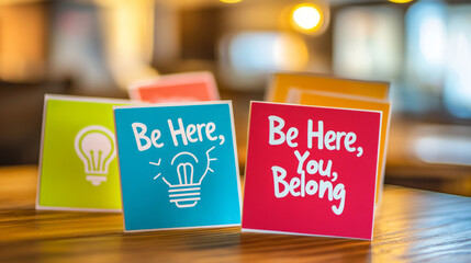 Colorful cards with the words "Be Here, Be You, Belong" and a light bulb icon represent a business's focus on making everyone feel like they belong. This creates a better team environment.