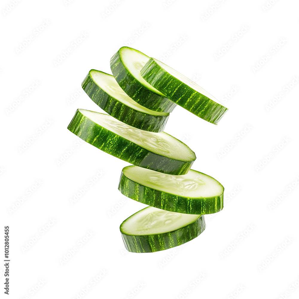 Poster sliced cucumber pieces floating in the air, isolated on transparent cutout background