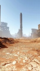 A desolate industrial landscape with a towering structure under a clear blue sky