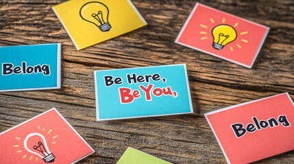 Colorful cards with the words "Be Here, Be You, Belong" and a light bulb icon represent a business's focus on making everyone feel like they belong. This creates a better team environment.