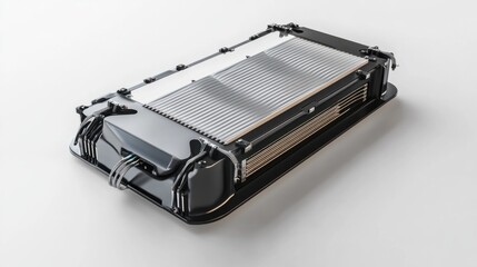 Advanced lithium-ion electric vehicle battery pack with cooling plates and wiring, isolated on white