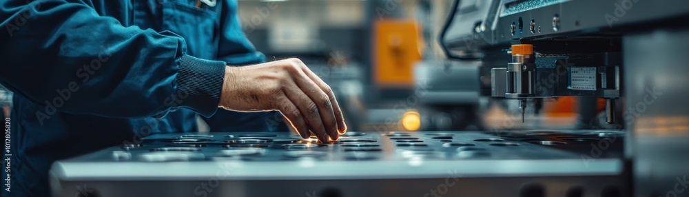 Poster hand of worker operating cnc machine in workshop