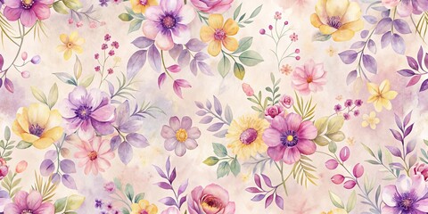 A Delicate Watercolor Bouquet Featuring Vibrant Purple, Yellow, and Pink Blossoms on a Softly Colored Background