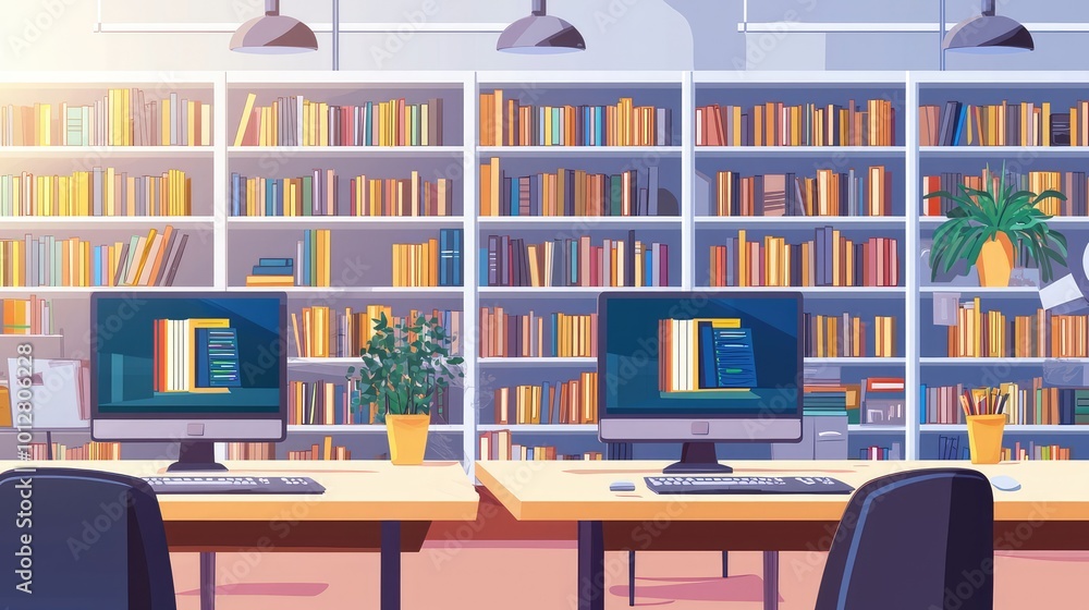 Poster bright workspace with computers and bookshelves, ideal for studying or working, creating a cozy and 