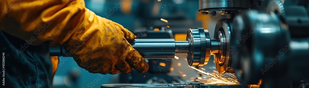Poster skilled worker operating lathe machine in workshop