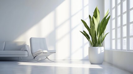 Bright modern interior featuring a cozy chair and a tall green plant by the window, creating a serene and inviting atmosphere.