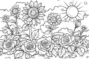 A beautiful black and white illustration of sunflowers and roses under a bright sun, perfect for coloring and relaxation.