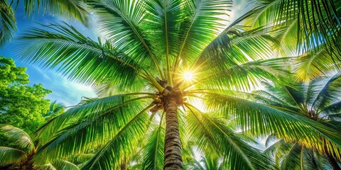 Sunlight filtering through lush palm fronds creates a radiant canopy overhead, casting a warm glow on the tropical landscape.