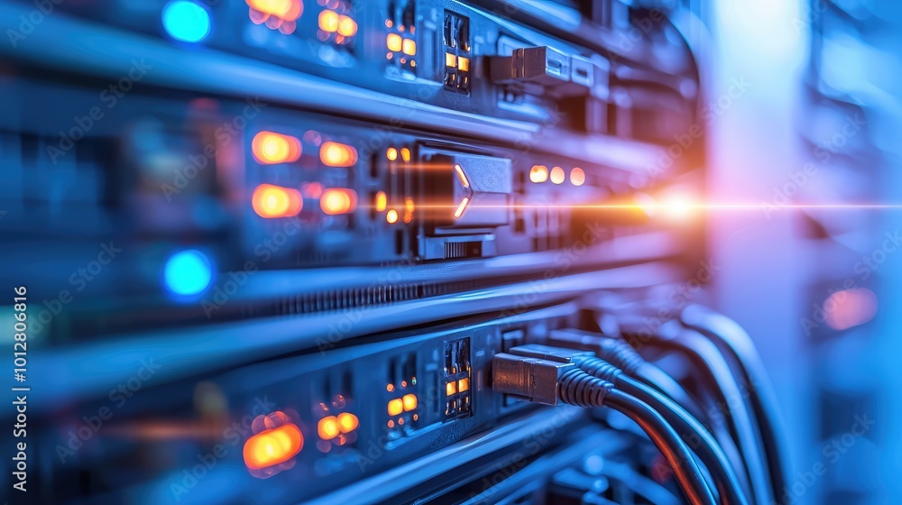 Poster close-up of a network server with illuminated indicators and cables, showcasing advanced technology 