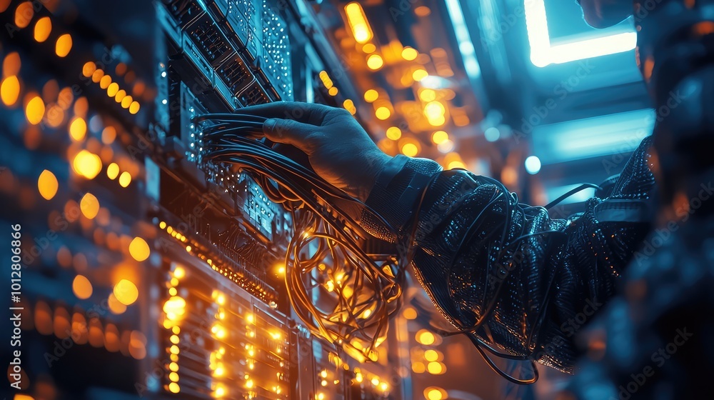 Poster close-up of a technician's hand working on vibrant server cables in a data center, surrounded by glo