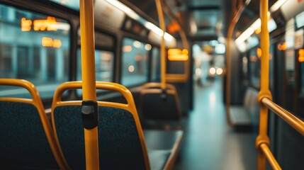 Empty bus interior with yellow poles and soft lighting
