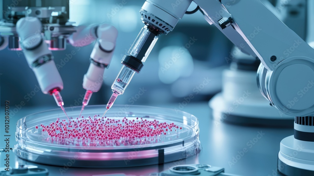 Poster close-up of robotic arms conducting precise experiments with liquid in a petri dish in a modern labo