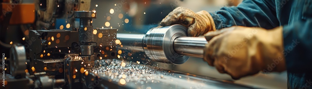 Poster skilled worker operating a lathe machine