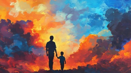 Father and son silhouetted against a vibrant sky, representing an inseparable bond.