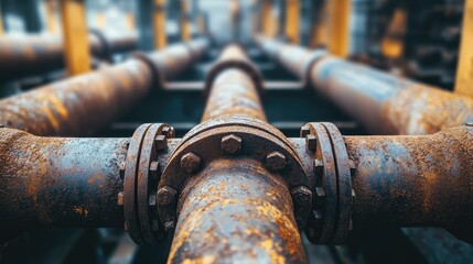 Close-up of rusty industrial pipes, showcasing texture and details in a factory setting. Perfect for construction and engineering themes.