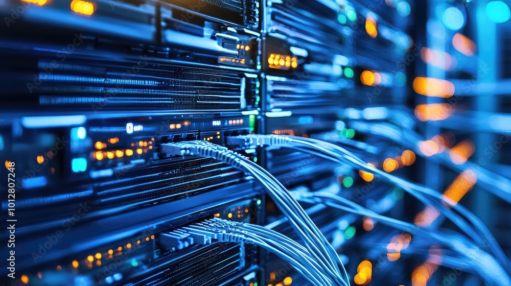 Poster close-up view of data center servers with illuminated lights and cable connections, showcasing moder