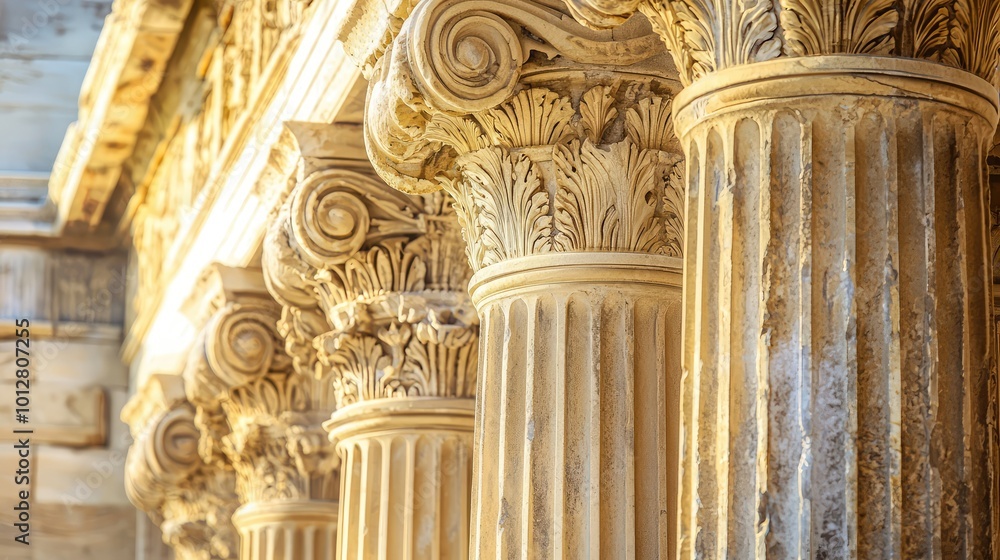 Poster close-up view of ancient columns showcasing intricate designs and textures, reflecting classical arc