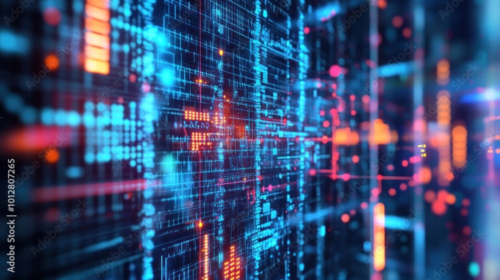 Poster abstract digital data visualization with glowing lines and nodes.