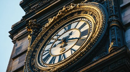 Close-up view of an ornate clock face with intricate details and classic design, showcasing craftsmanship and elegance in architecture.