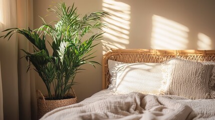 Cozy bedroom featuring a stylish bed, soft blankets, and lush greenery, perfect for relaxation and comfort.
