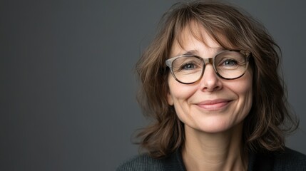Fototapeta premium Isolated shot of a smiling middle-aged woman with glasses, her kind expression exuding confidence and approachability. The grey background offers ample copy space for text.