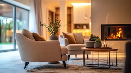 Cozy living room featuring two elegant chairs, stylish decor, and a warm fireplace, ideal for relaxation and modern comfort.