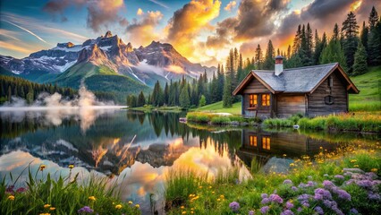 Obraz premium A serene cabin nestled on the lakeshore, bathed in the golden hues of a majestic sunrise, with fog weaving through the lush greenery and reflecting the towering peaks in the tranquil water.
