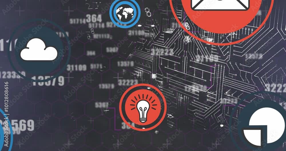 Poster animation of ai data processing with icons and computer circuit board