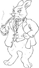 Neat rabbit smoking a pipe in a brown jacket and green vest. Character, adult rabbit for use in games, printing on T-shirts, stickers. The image of a rich gentleman of old England. Vector graphics