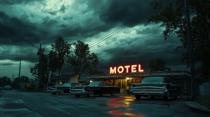 A nighttime scene of a roadside motel, its glowing 'MOTEL' sign and creating a moody, eerie atmosphere. Three vintage cars are parked in front of the motel, under a dark, cloudy sky.