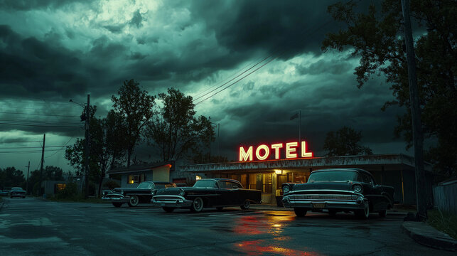 Fototapeta A nighttime scene of a roadside motel, its glowing 'MOTEL' sign and creating a moody, eerie atmosphere. Three vintage cars are parked in front of the motel, under a dark, cloudy sky.
