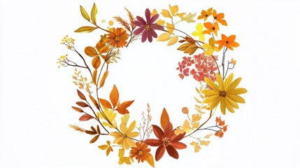 Autumn Floral Wreath Design Featuring Fall Flowers, Leaves, and Wildflowers for Invitations and Cards