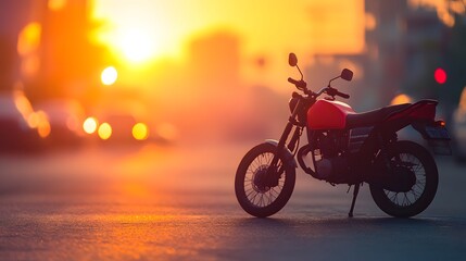 Fototapeta premium A motorcycle parked on the right side of the road during sunset, with a blurred background creating a peaceful atmosphere