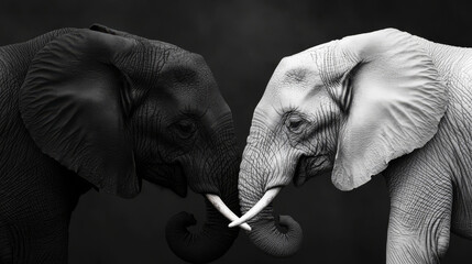 Two elephants, one black and one white, stand together.