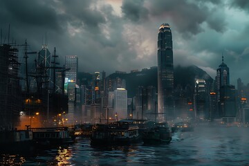 Naklejka premium Hong Kong skyline at night