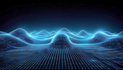 A futuristic digital landscape background featuring a blue grid with luminous lines on a black background