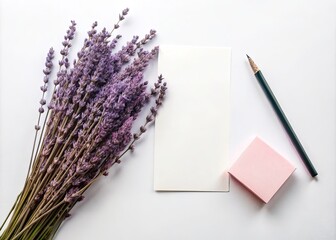 Dried Lavender with Pink Note and Black Pencil on White Background - Flat Lay Mockup for Creative Lettering