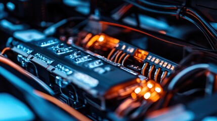 Close-up of electric vehicle battery module with intricate wiring and cooling fins, isolated on white