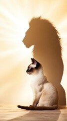 A courageous cat gazing towards the sunset with a lion shadow reflecting its spirit