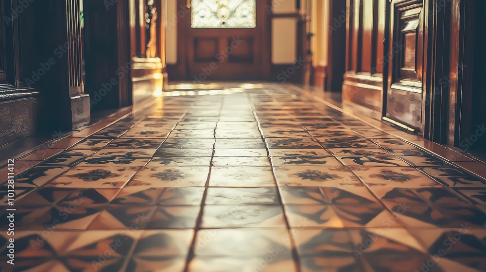 Poster elegant tiled hallway showcasing intricate patterns and a warm ambiance, perfect for adding charm to